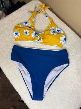 Women's Yellow Floral Halter Bikini Top & Blue High-Waist Bottom